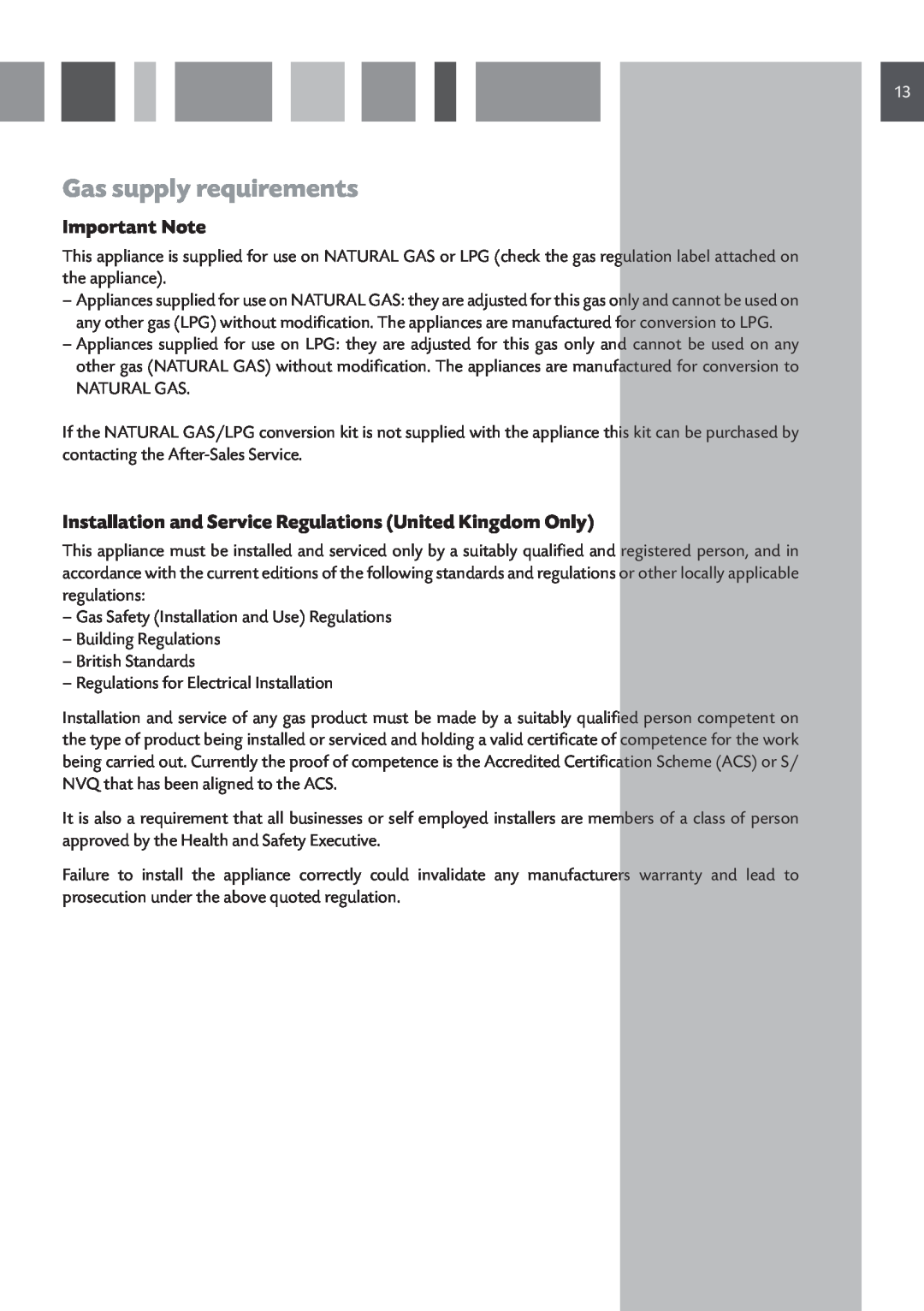 CDA HCG 931 manual Gas supply requirements, Important Note 